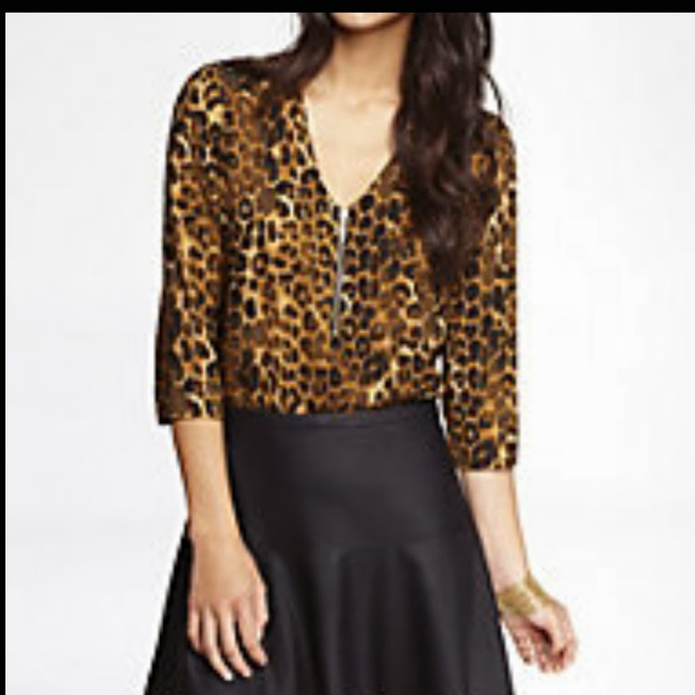Express Leopard Print Silky Zip Front Blouse